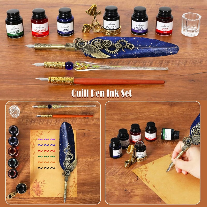 Aifeiter Quill Pen Ink Set-Feather Calligraphy Pen and Ink Set,Includes 6 Bottles of Ink,Quill Pen,Glass Dipping Pen,Wooden Dipping Pen,17 nibs,8 Sheets of Writing Paper,Envelope,Spoon-Blue - Image 2
